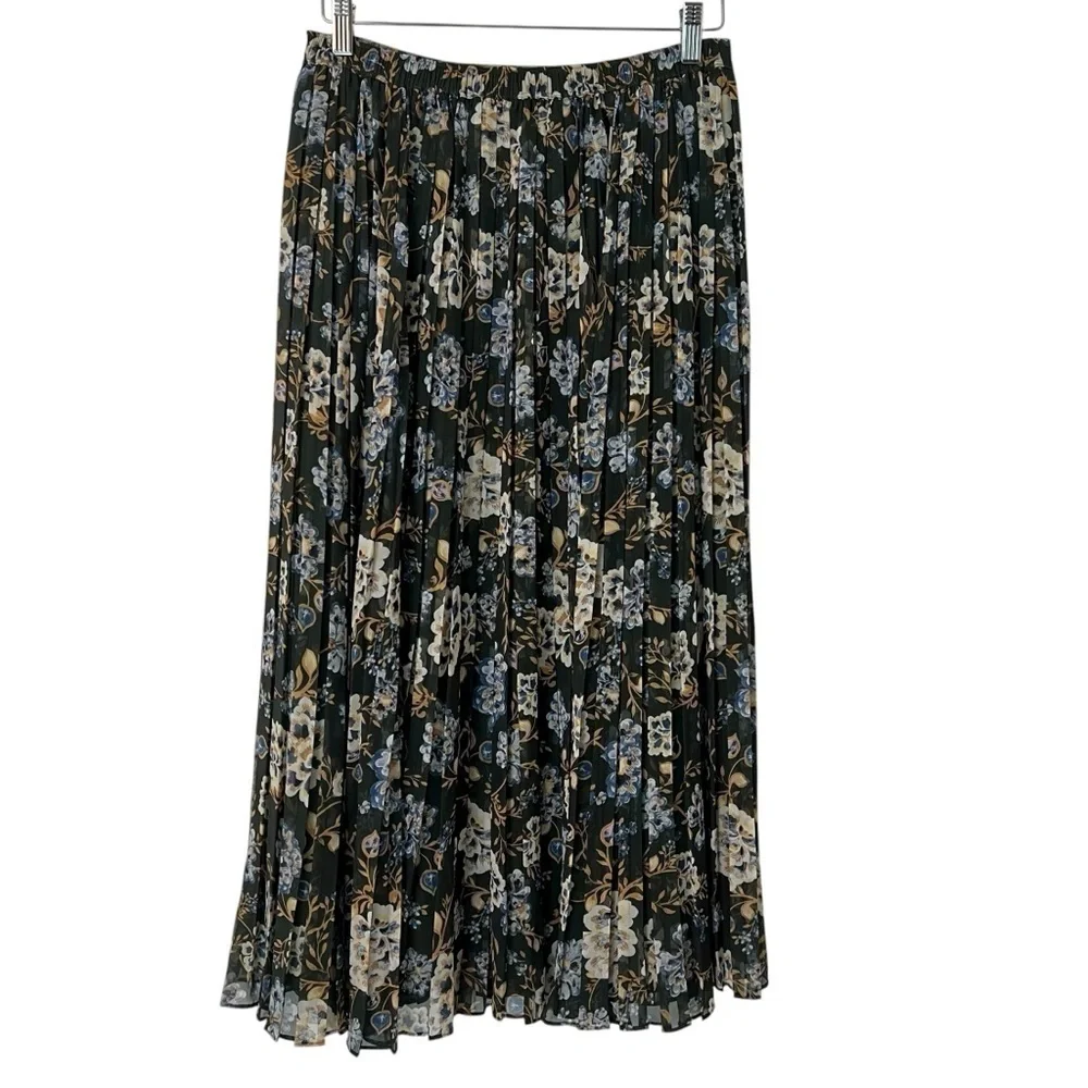 Vineyard Vined Pleated Floral Midi Skirt Green Multi Small Fall Preppy Feminine
